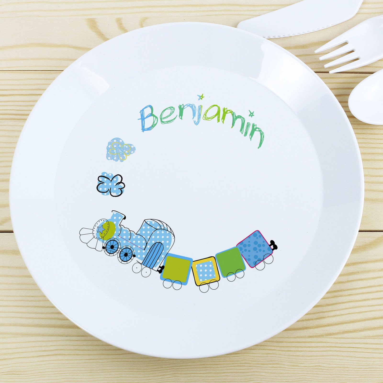 P0813B13 Personalised Children's Patchwork Train Design Plastic Plate Personalised Children's Patchwork Train Design Plastic Plate - Image 1