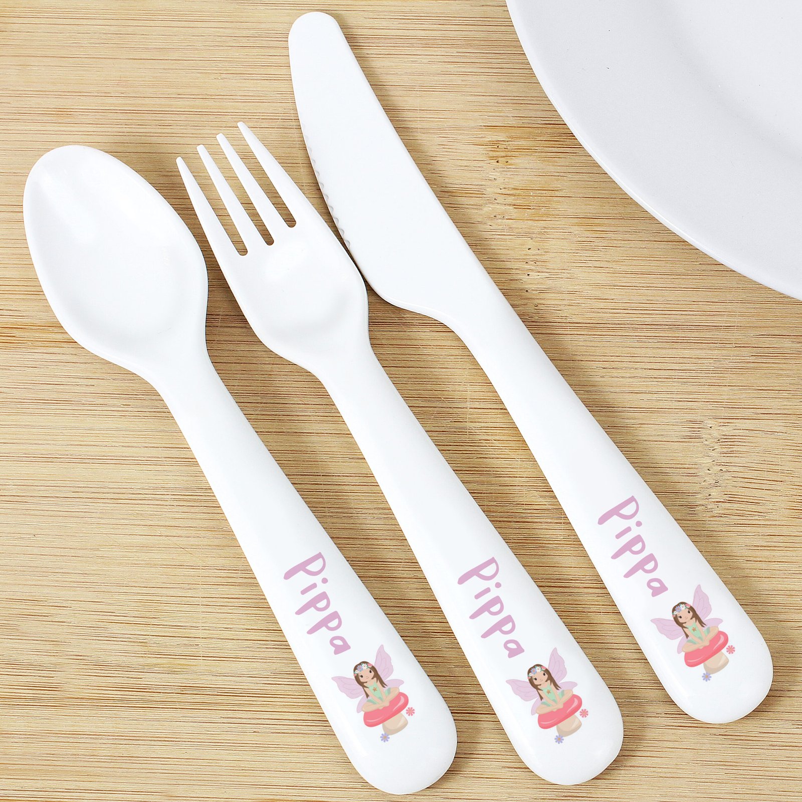 P0813B36 Personalised Children's Toadstool Fairy Design 3-Piece Plastic Cutlery Set Personalised Children's Toadstool Fairy Design 3-Piece Plastic Cutlery Set - Image 1