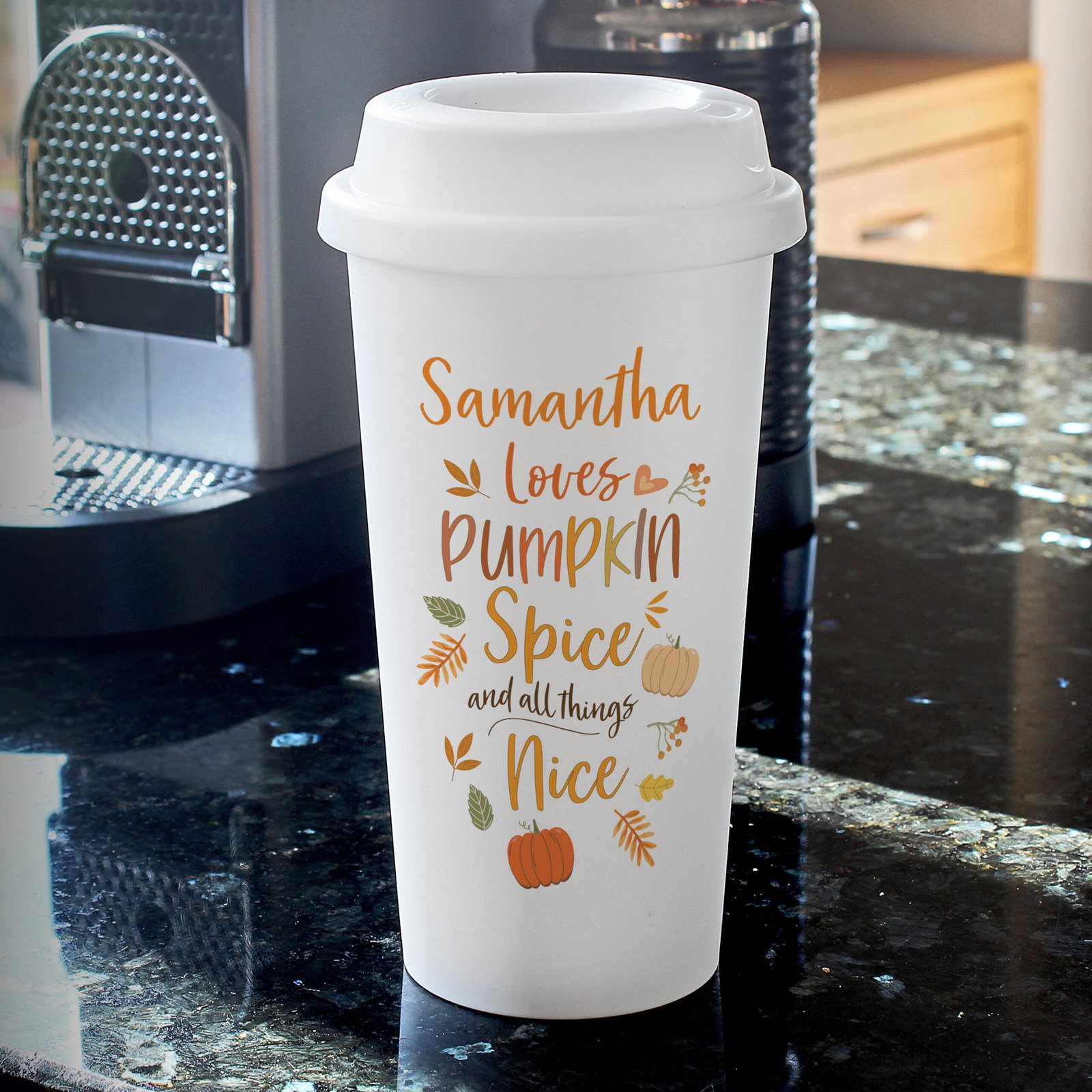 P0813C07 Personalised 'Loves Pumpkin Spice' Plastic Insulated Reusable Eco Travel Cup Personalised 'Loves Pumpkin Spice' Plastic Insulated Reusable Eco Travel Cup - Image 1