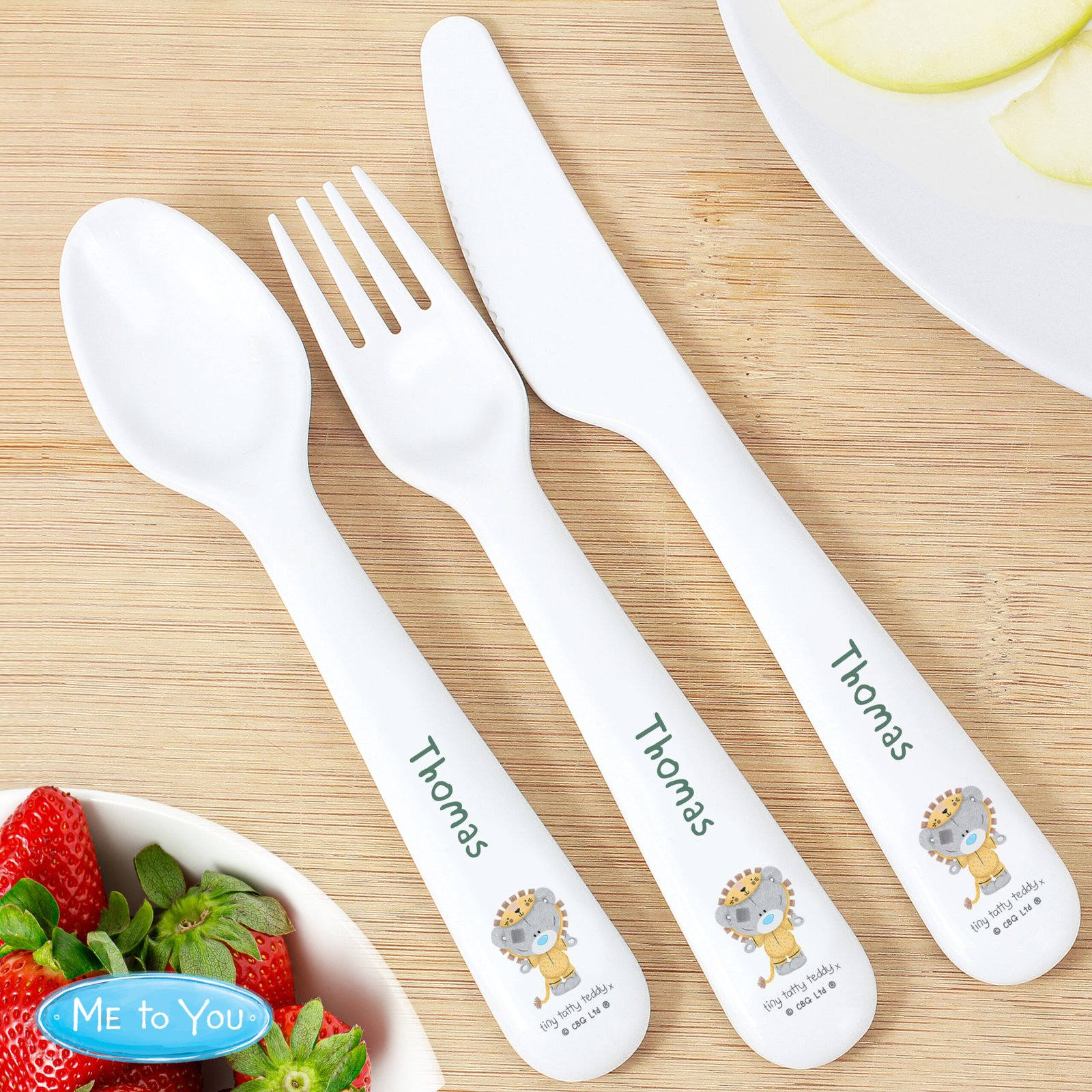 P0813C10 Personalised Children's Tiny Tatty Teddy Jungle Animals Design Plastic 3-Piece Plastic Cutlery Set Personalised Children's Tiny Tatty Teddy Jungle Animals Design Plastic 3-Piece Plastic Cutlery Set - Image 1