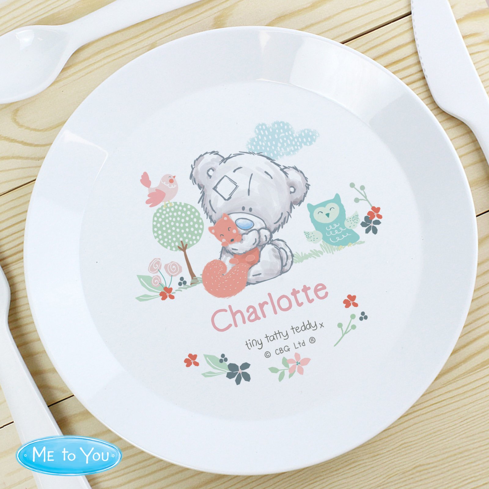 P0813C19 Personalised Tiny Tatty Teddy Woodland Animals Design Plastic Plate Personalised Tiny Tatty Teddy Woodland Animals Design Plastic Plate - Image 1