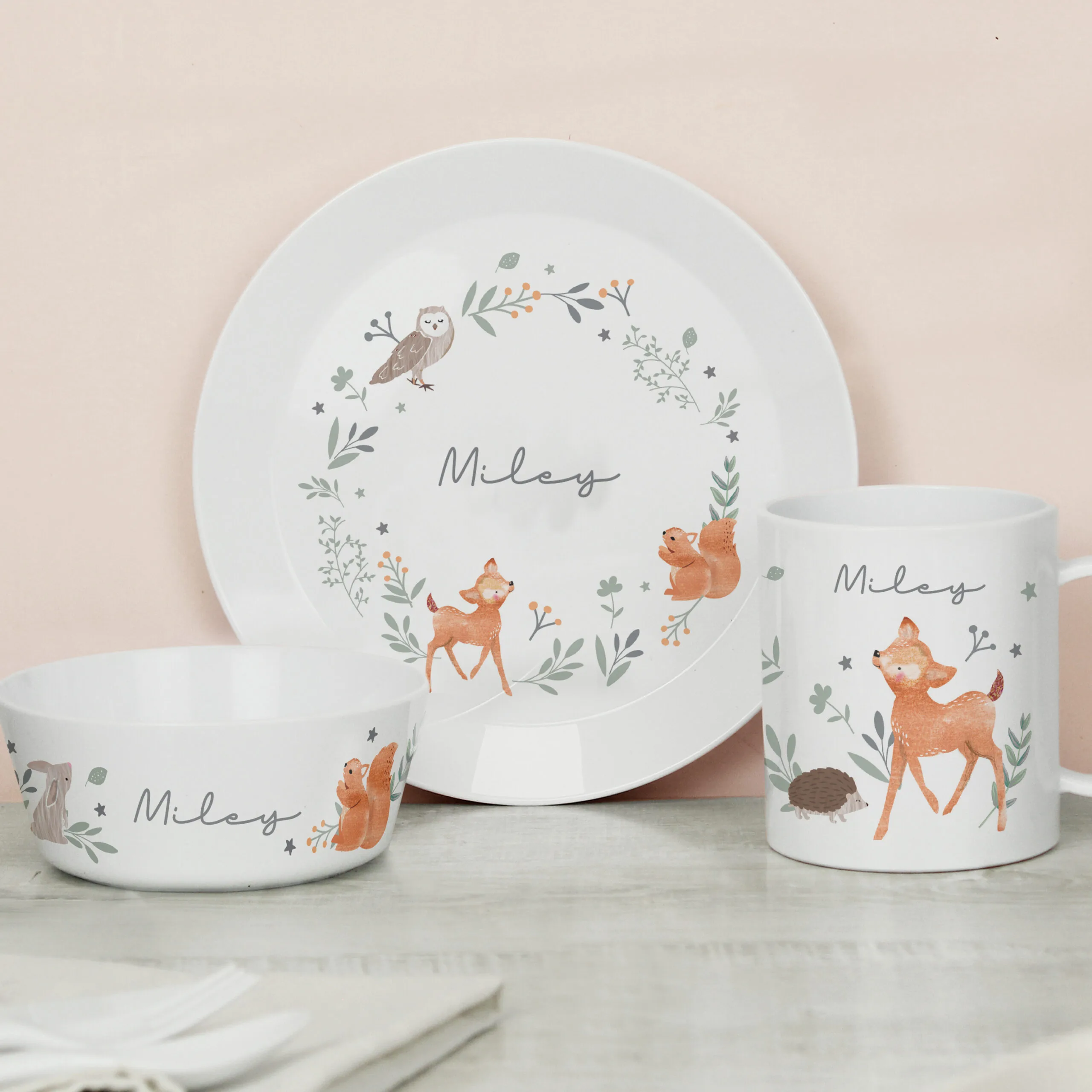 Personalised Children's Woodland Animals Design 3-Piece Plastic Breakfast Set - Image 5