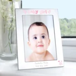 Personalised 'Baby Girl' Footprints Motif 5×7 Portrait Silver Aluminium Photo Frame