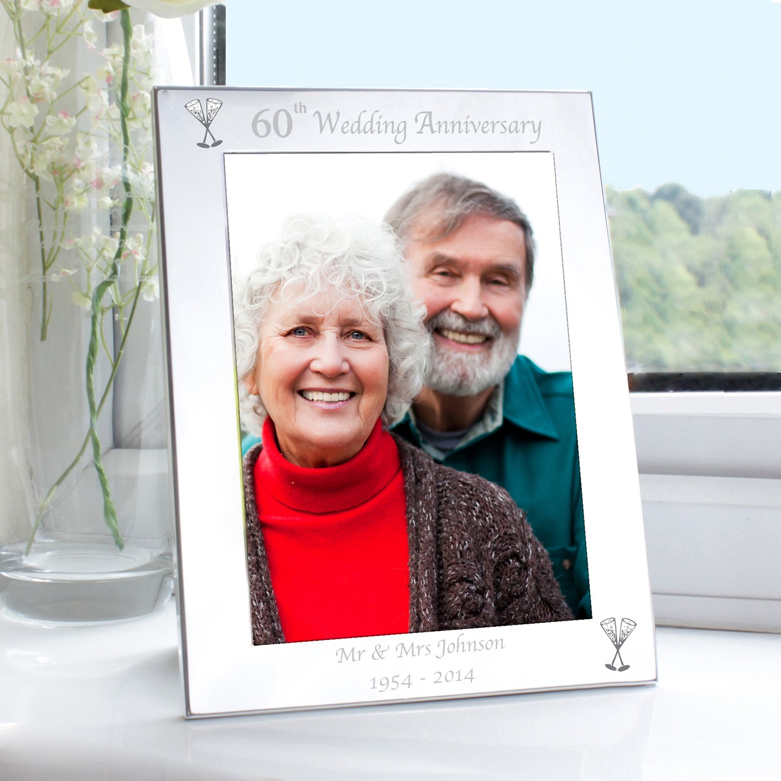 P100238 Personalised ‘60th Wedding Anniversary’ 5x7 Portrait Silver Aluminium Photo Frame Personalised ‘60th Wedding Anniversary’ 5x7 Portrait Silver Aluminium Photo Frame - Image 1