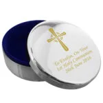 Personalised Gold Cross Motif Round Silver Nickel Plated Trinket Box - Image 2