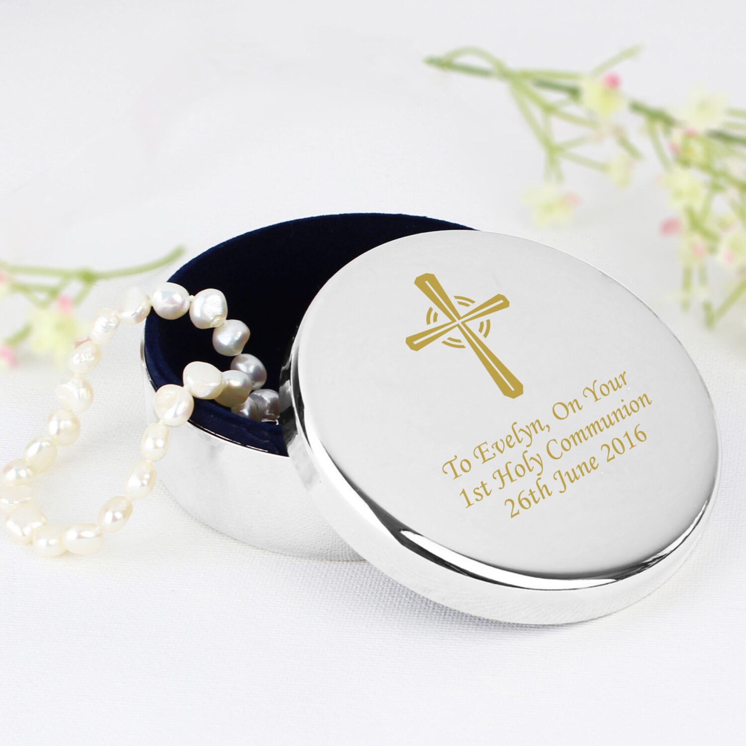 P100457 Personalised Gold Cross Motif Round Silver Nickel Plated Trinket Box Personalised Gold Cross Motif Round Silver Nickel Plated Trinket Box - Image 1