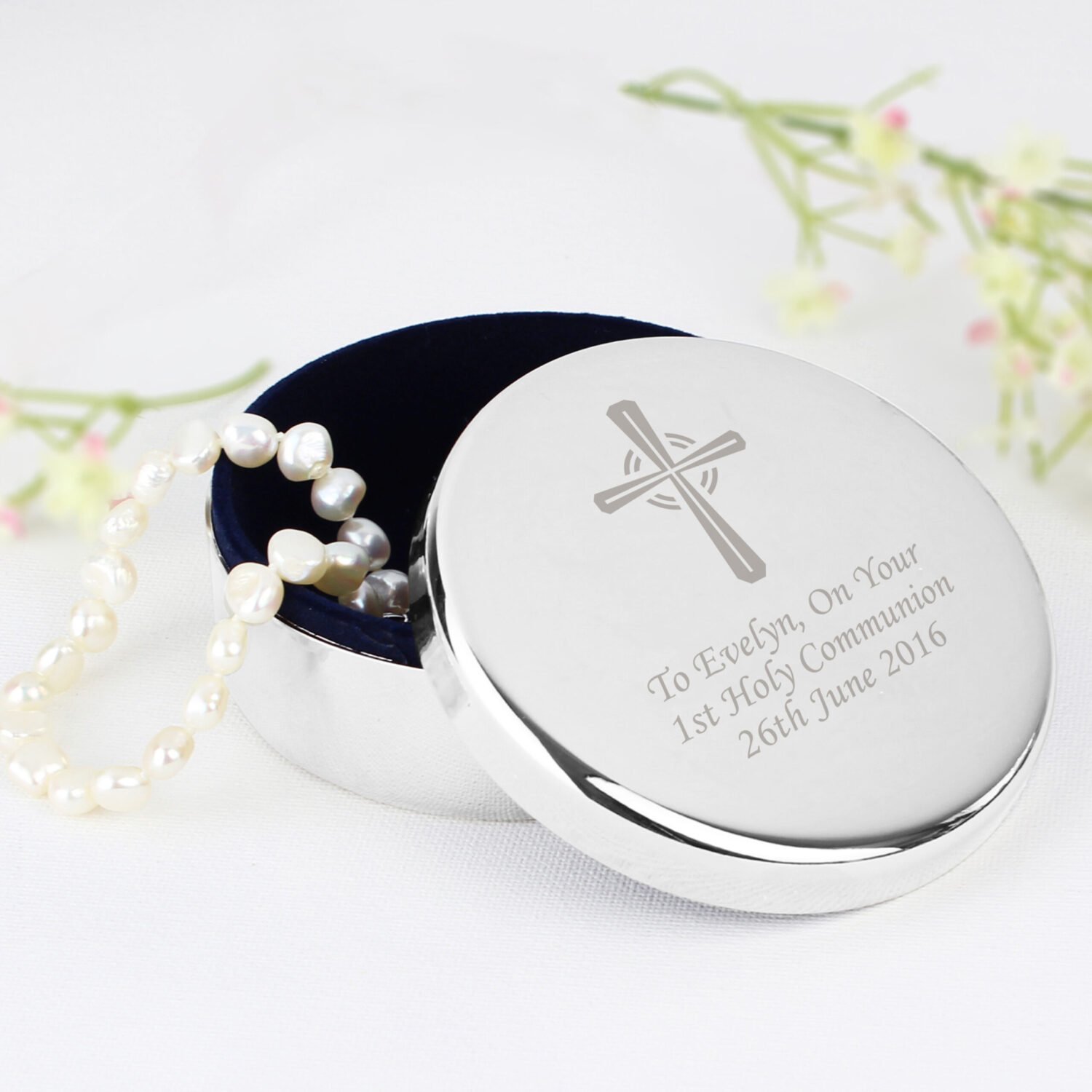 P100458 Personalised Silver Cross Motif Round Silver Nickel Plated Trinket Box Personalised Silver Cross Motif Round Silver Nickel Plated Trinket Box - Image 1