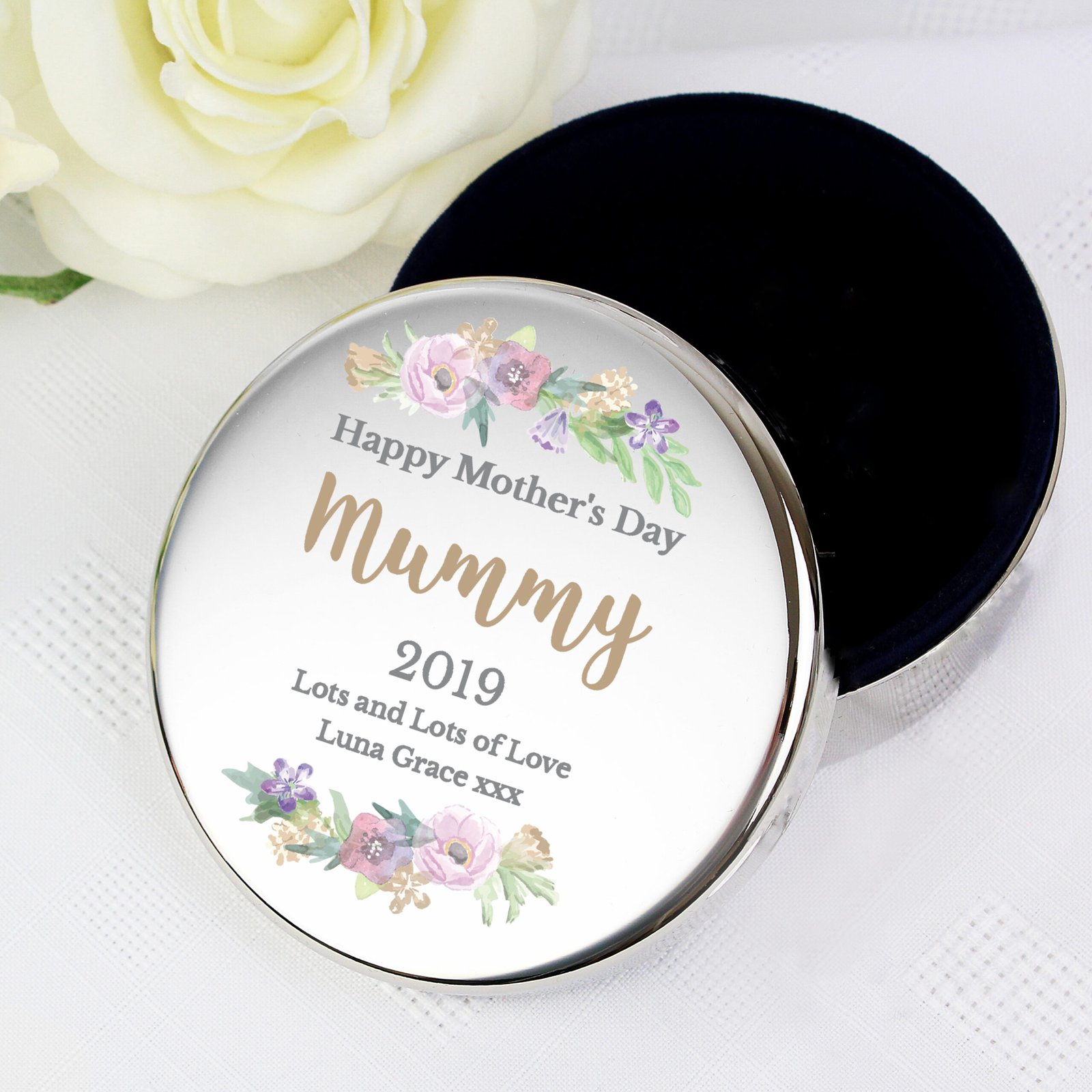 P100474 Personalised Floral Watercolour Design Round Silver Nickel Plated Trinket Box Personalised Floral Watercolour Design Round Silver Nickel Plated Trinket Box - Image 1