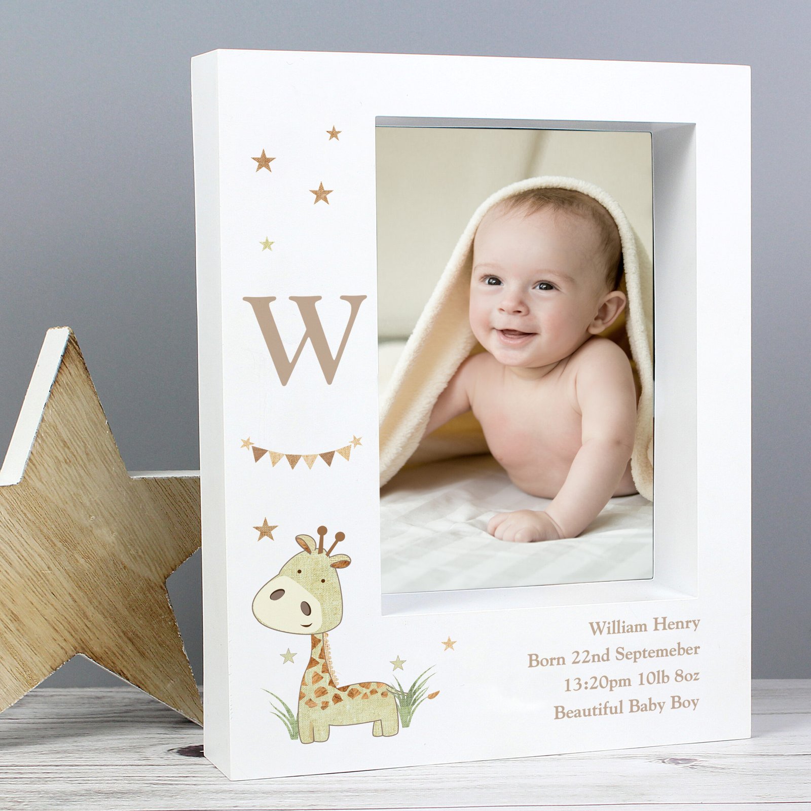 P100477 Personalised Hessian Giraffe Design 5x7 Portrait White Plastic Box Photo Frame Personalised Hessian Giraffe Design 5x7 Portrait White Plastic Box Photo Frame - Image 1