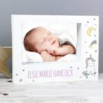 Personalised Baby Unicorn Design 7x5 Landscape White Plastic Box Photo Frame