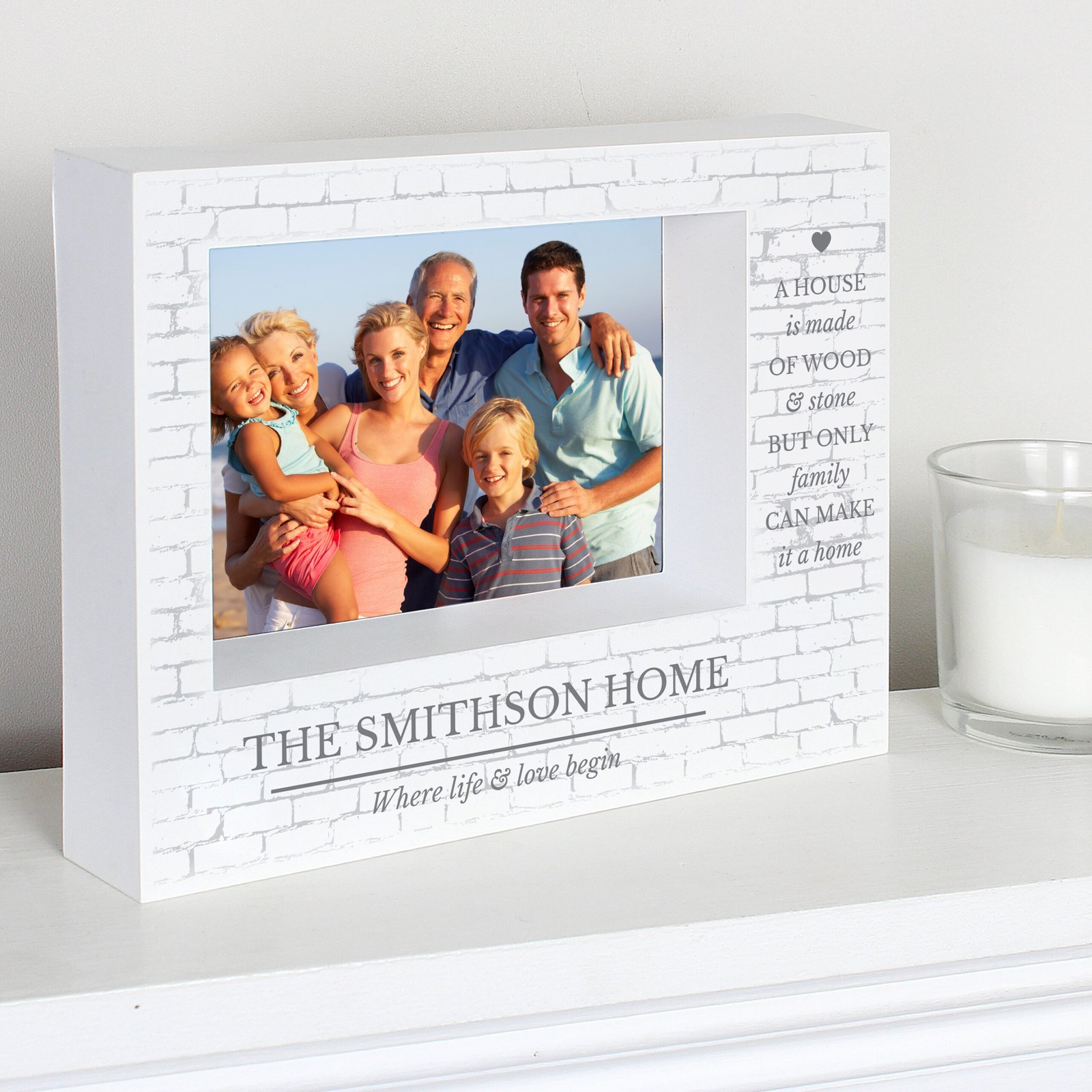 P100482 Personalised Family Heart Motif 7x5 Landscape Plastic Box Photo Frame Personalised Family Heart Motif 7x5 Landscape White Plastic Box Photo Frame - Image 1