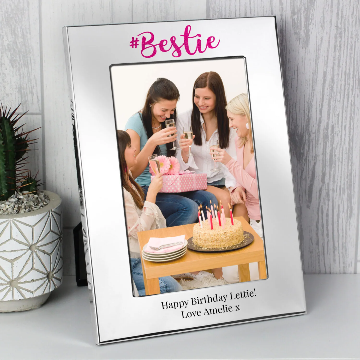 P100486 Personalised '#Bestie' 4x6 Portrait Silver Aluminium Photo Frame Personalised '#Bestie' 4x6 Portrait Silver Aluminium Photo Frame - Image 1