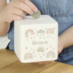Personalised Name Only Rainbows Design Ceramic Square Money Box - Image 2