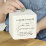 Personalised 'First Holy Communion' Wreath Design Ceramic Square Money Box - Image 2