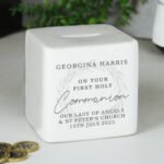 Personalised 'First Holy Communion' Wreath Design Ceramic Square Money Box - Image 3
