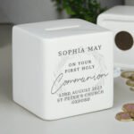 Personalised 'First Holy Communion' Wreath Design Ceramic Square Money Box - Image 4