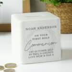 Personalised 'First Holy Communion' Wreath Design Ceramic Square Money Box - Image 5