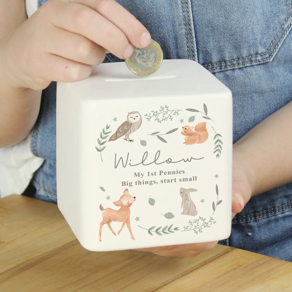 P100515 Personalised Woodland Animals Design Ceramic Square Money Box 2