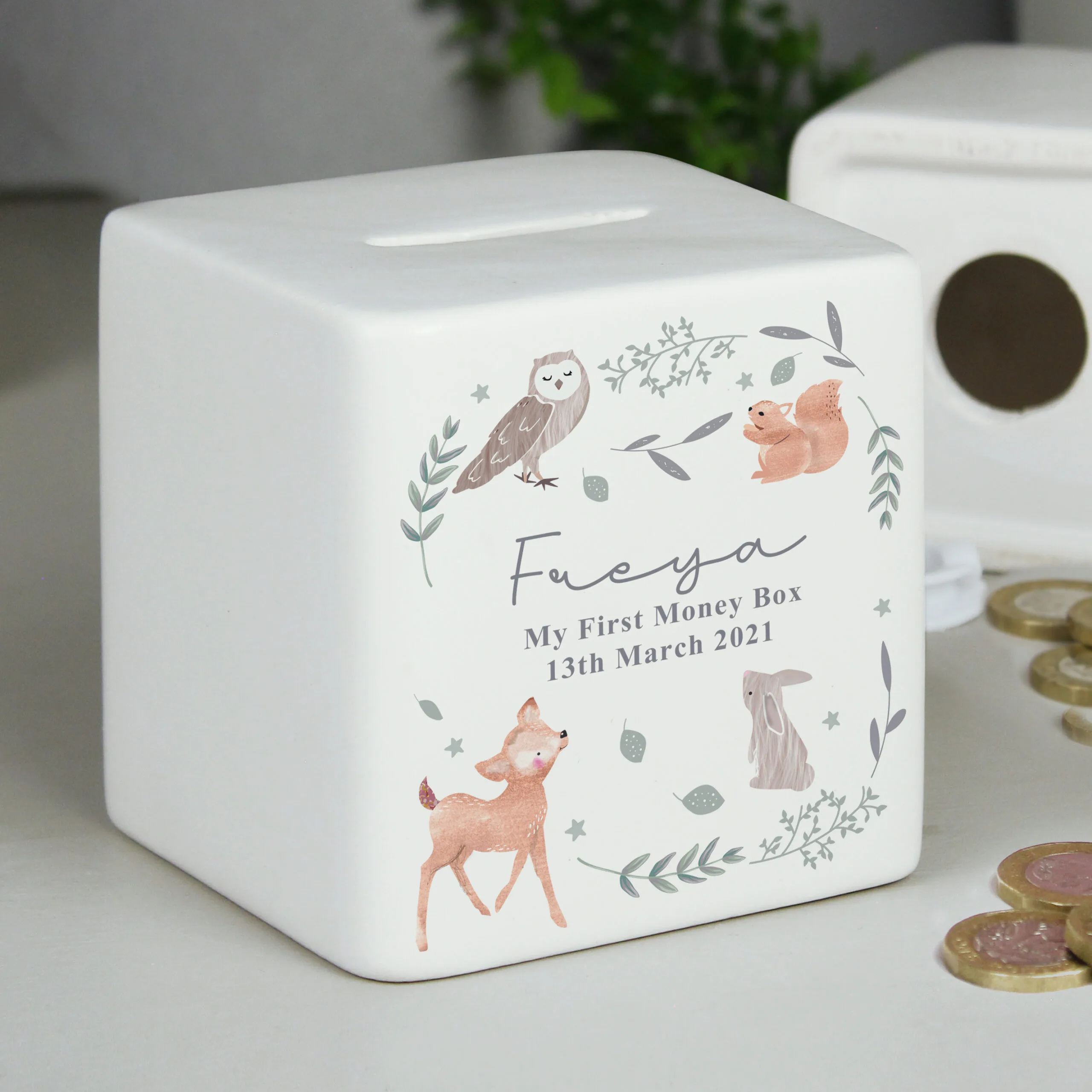Personalised Woodland Animals Design Ceramic Square Money Box - Image 3