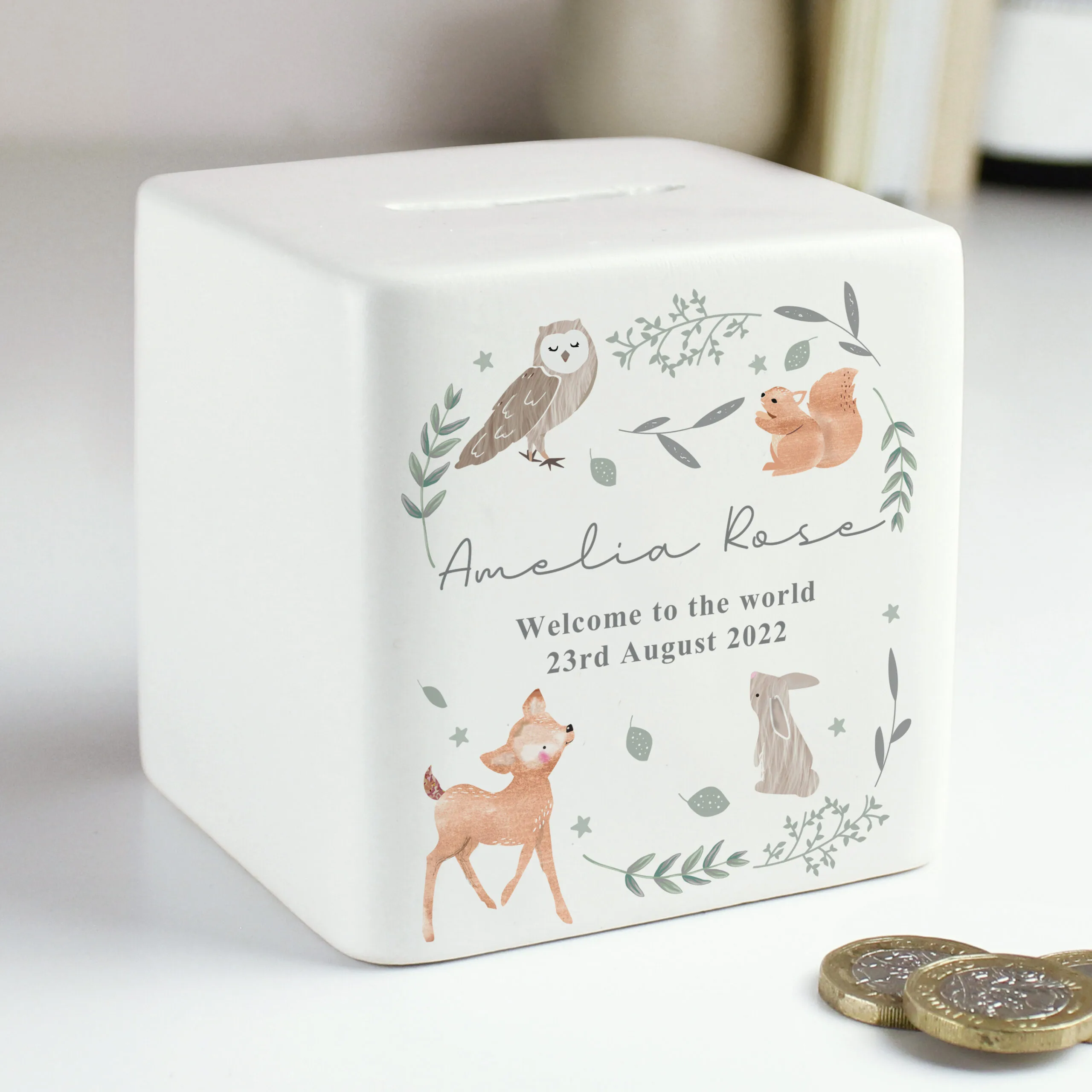 Personalised Woodland Animals Design Ceramic Square Money Box - Image 5