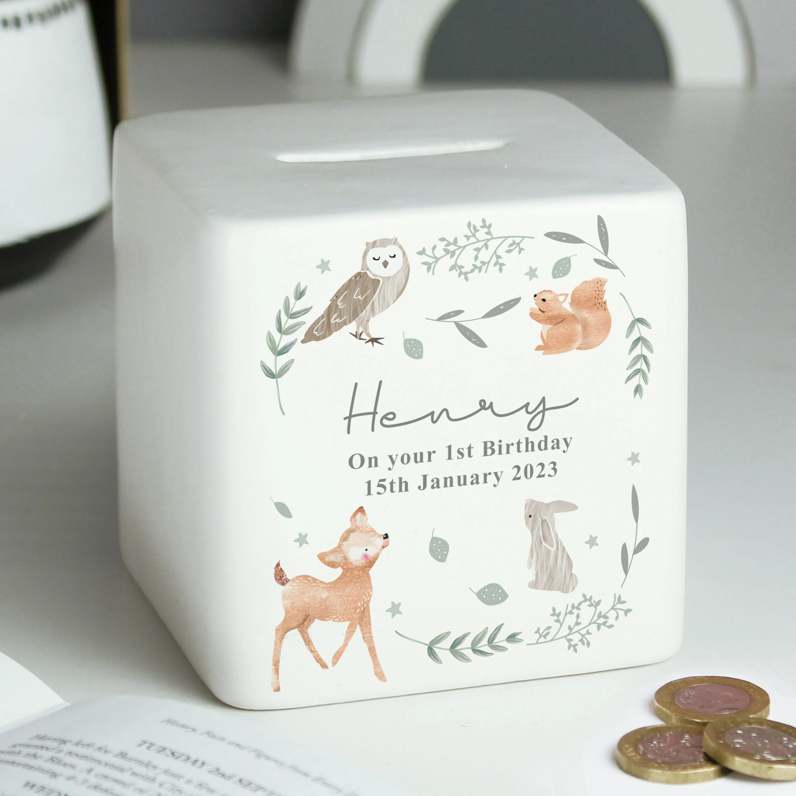 Personalised Woodland Animals Design Ceramic Square Money Box - Image 6
