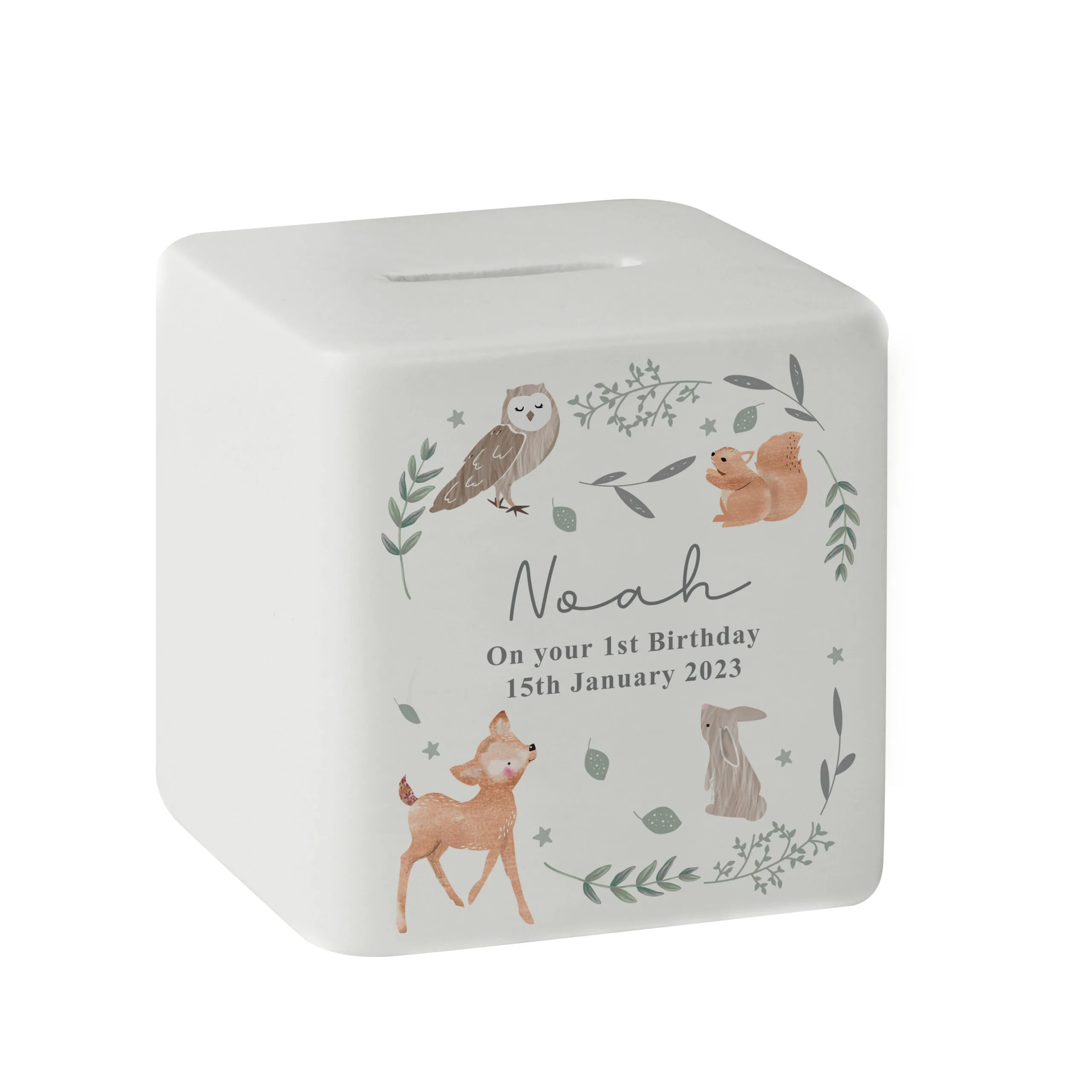 Personalised Woodland Animals Design Ceramic Square Money Box - Image 7