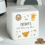 Personalised Scandi Safari Animals Design Ceramic Square Money Box