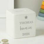 Personalised 'Born In' Star Motif Ceramic Square Money Box - Image 3