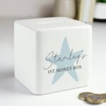 Personalised Blue Star Motif Ceramic Square Money Box