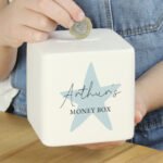 Personalised Blue Star Motif Ceramic Square Money Box - Image 2