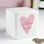 Personalised Pink Heart Motif Ceramic Square Money Box