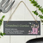 Personalised Floral Wellies Design Hanging Slate Garden Sign