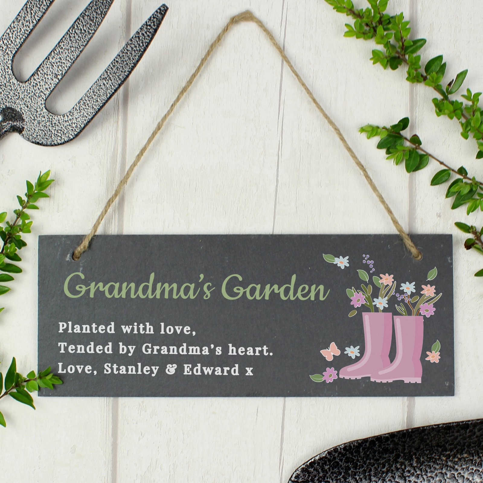 P100538 Personalised Floral Wellies Design Hanging Slate Garden Sign Personalised Floral Wellies Design Hanging Slate Garden Sign - Image 1