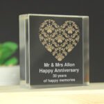 Personalised Gold Damask Heart Design Crystal Glass Token