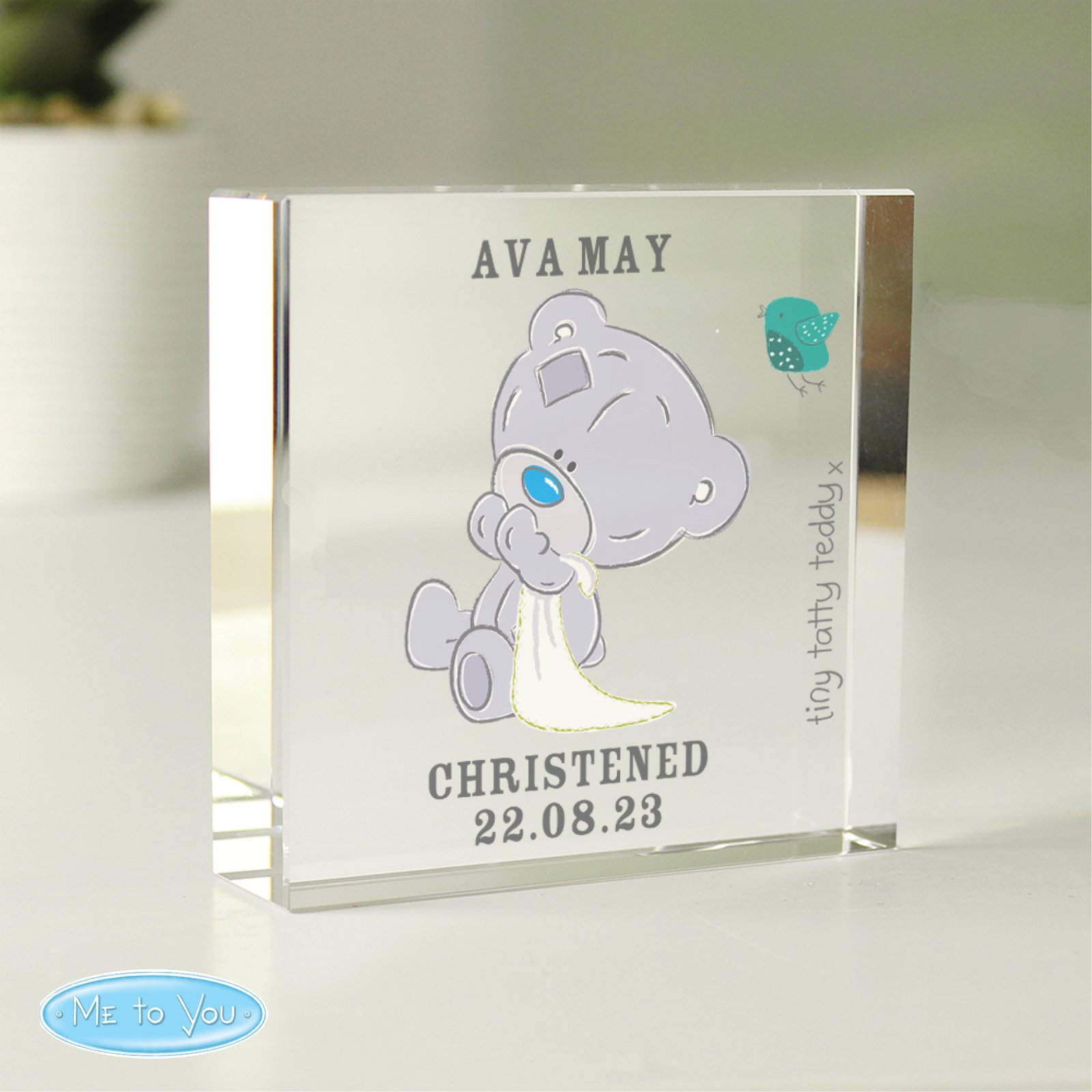 P1007B31 Personalised Tiny Tatty Teddy Holding Blanket Crystal Glass Token Personalised Tiny Tatty Teddy Holding Blanket Crystal Glass Token - Image 1