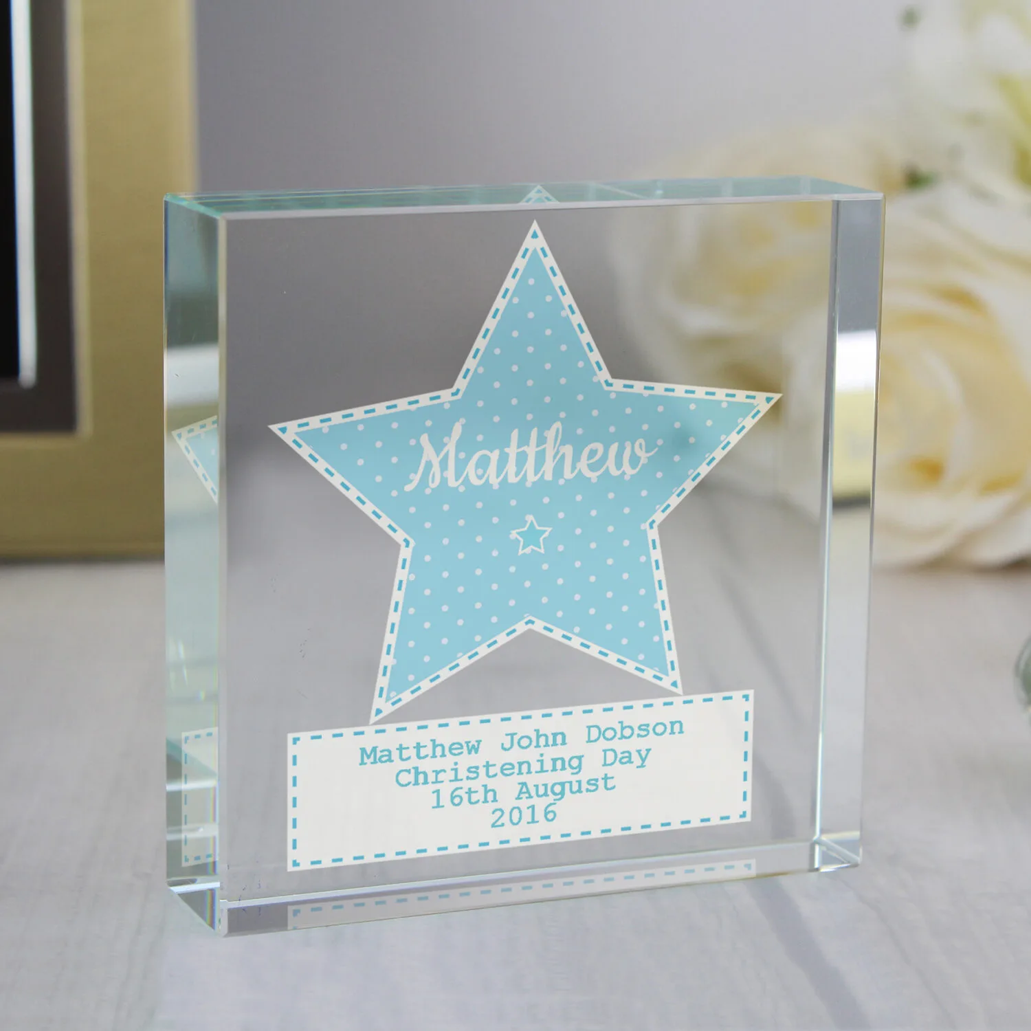 Personalised Blue Stitch & Dot Star Design Crystal Glass Token - Image 2