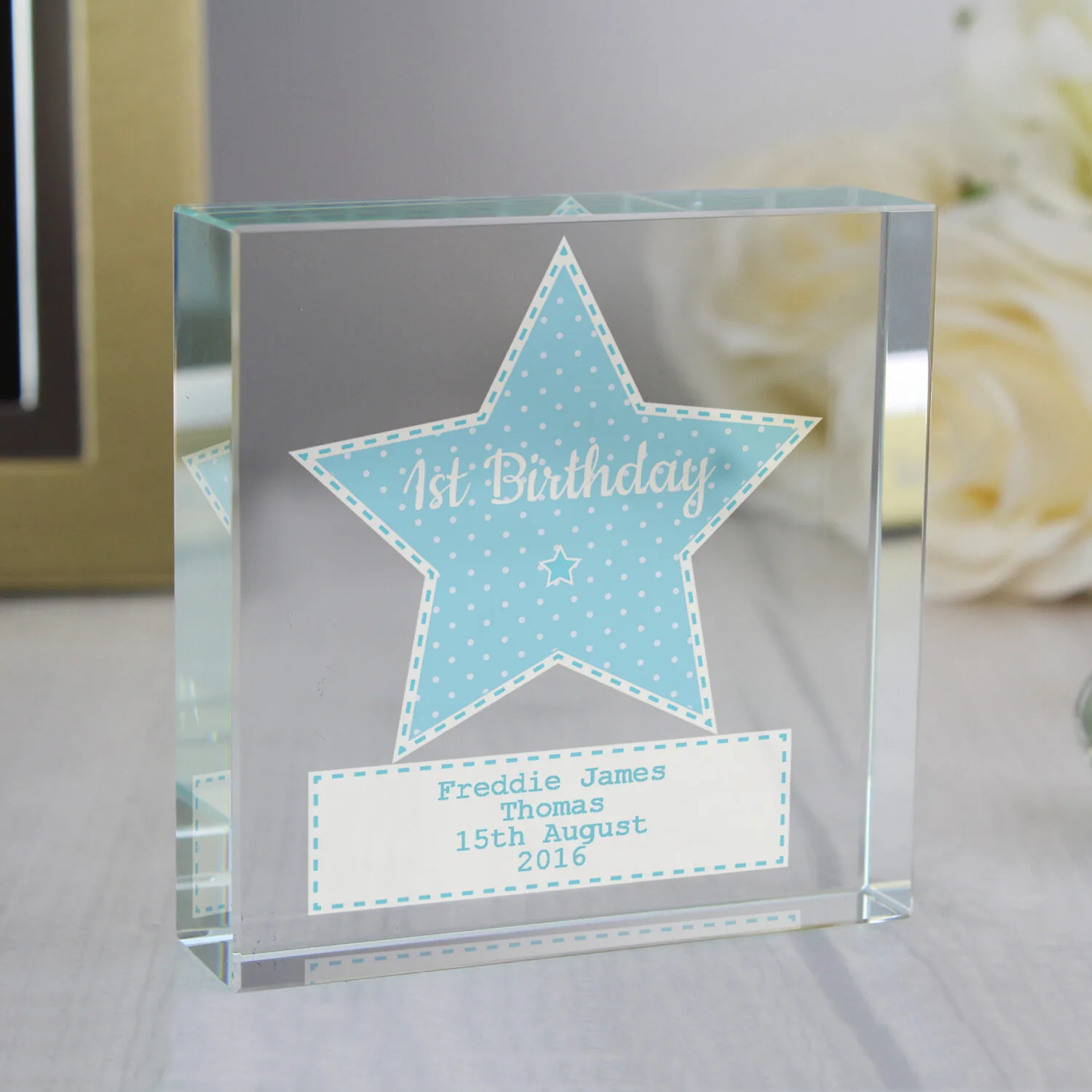 Personalised Blue Stitch & Dot Star Design Crystal Glass Token - Image 3