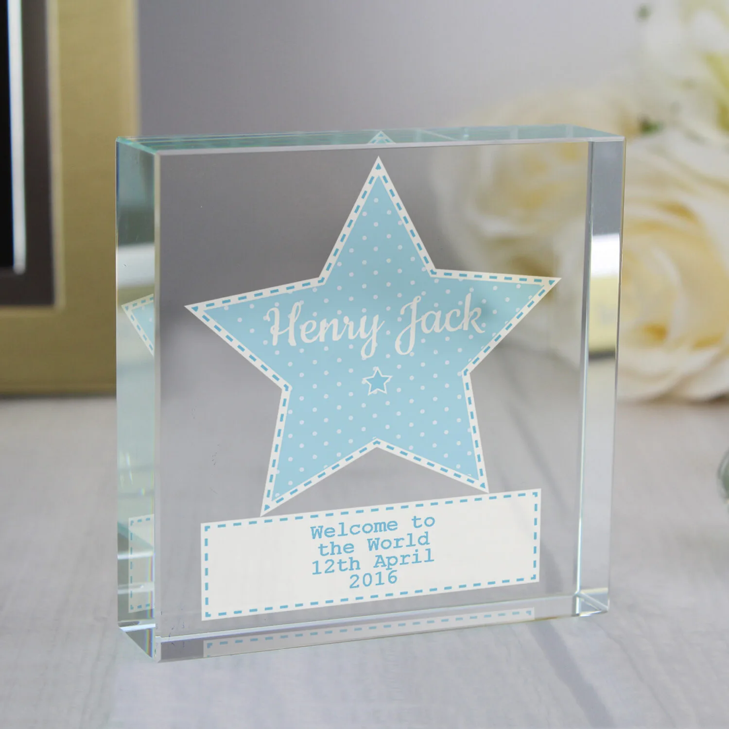 P1007B81 Personalised Blue Stitch & Dot Star Design Crystal Glass Token Personalised Blue Stitch & Dot Star Design Crystal Glass Token - Image 1