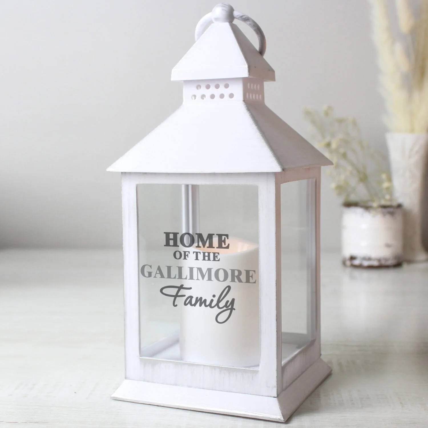 P1007C14 Personalised 'The Family' Rustic White Plastic Light-up Lantern Personalised 'The Family' Rustic White Plastic Light-Up Lantern - Image 1
