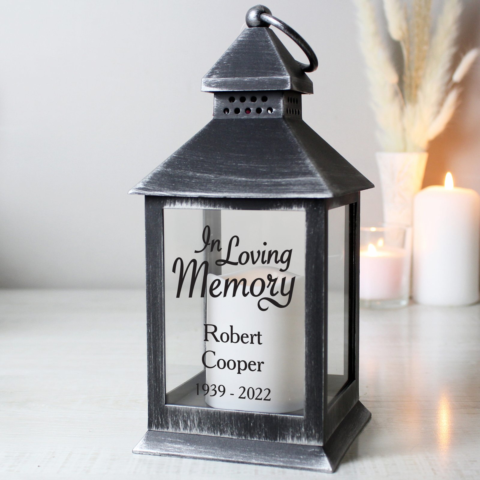P1007C65 Personalised 'In Loving Memory' Rustic Black Plastic Light-up Lantern Personalised 'In Loving Memory' Rustic Black Plastic Light-up Lantern - Image 1