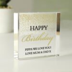 Personalised Any Message Gold Confetti Design Crystal Glass Token