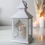 Personalised Floral Cross Motif Rustic White Plastic Light-Up Lantern