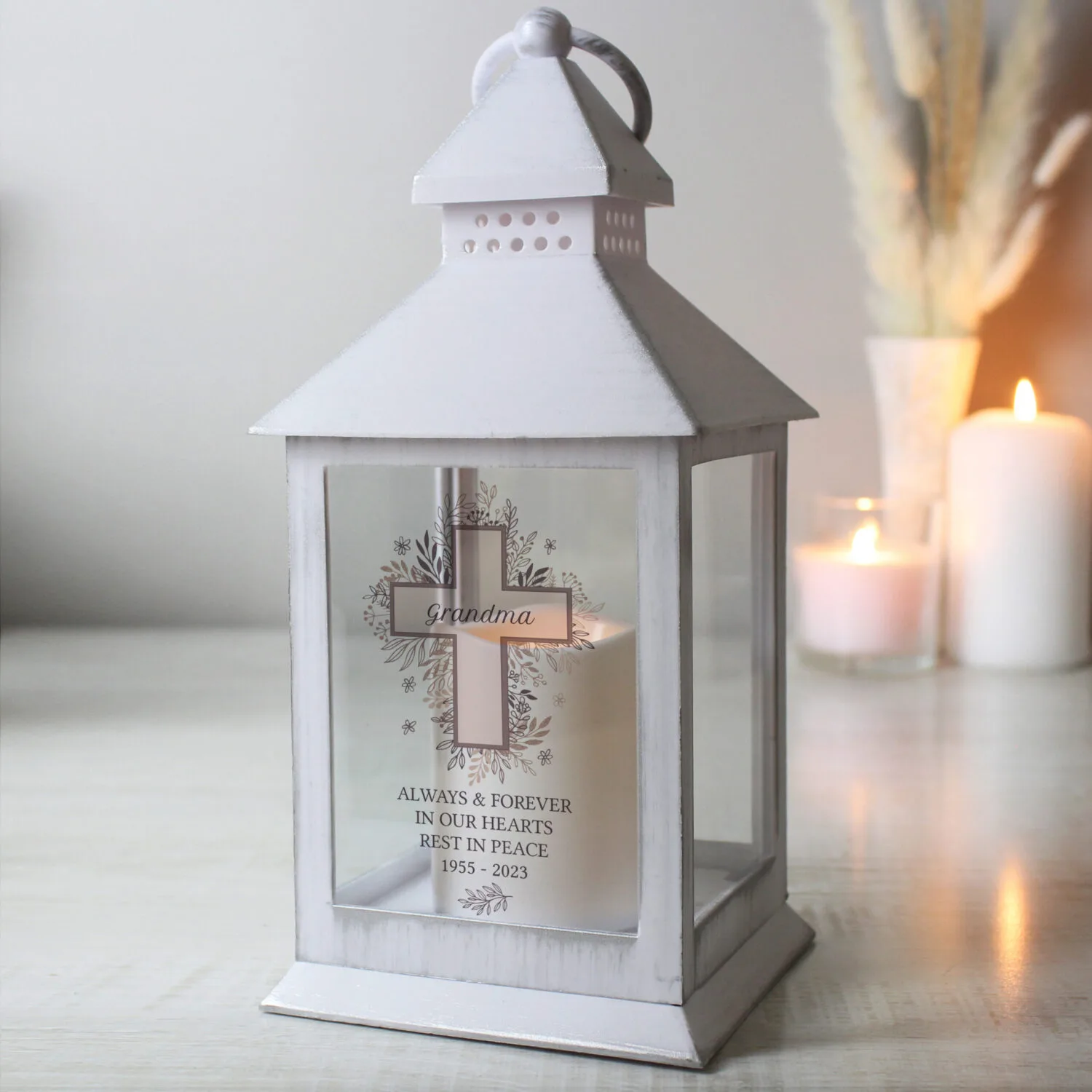 P1007C72 Personalised Floral Cross Motif Rustic White Plastic Light-up Lantern Personalised Floral Cross Motif Rustic White Plastic Light-Up Lantern - Image 1