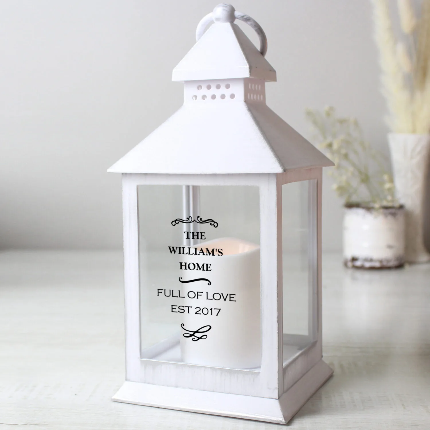 P1007C78 Personalised Antique Scroll Design Rustic White Plastic Light-up Lantern Personalised Antique Scroll Design Rustic White Plastic Light-Up Lantern - Image 1