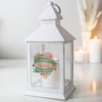 Personalised Floral Heart Design Rustic White Plastic Light-up Lantern