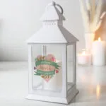 P1007C82 Personalised Floral Heart Design Rustic White Plastic Light-up Lantern