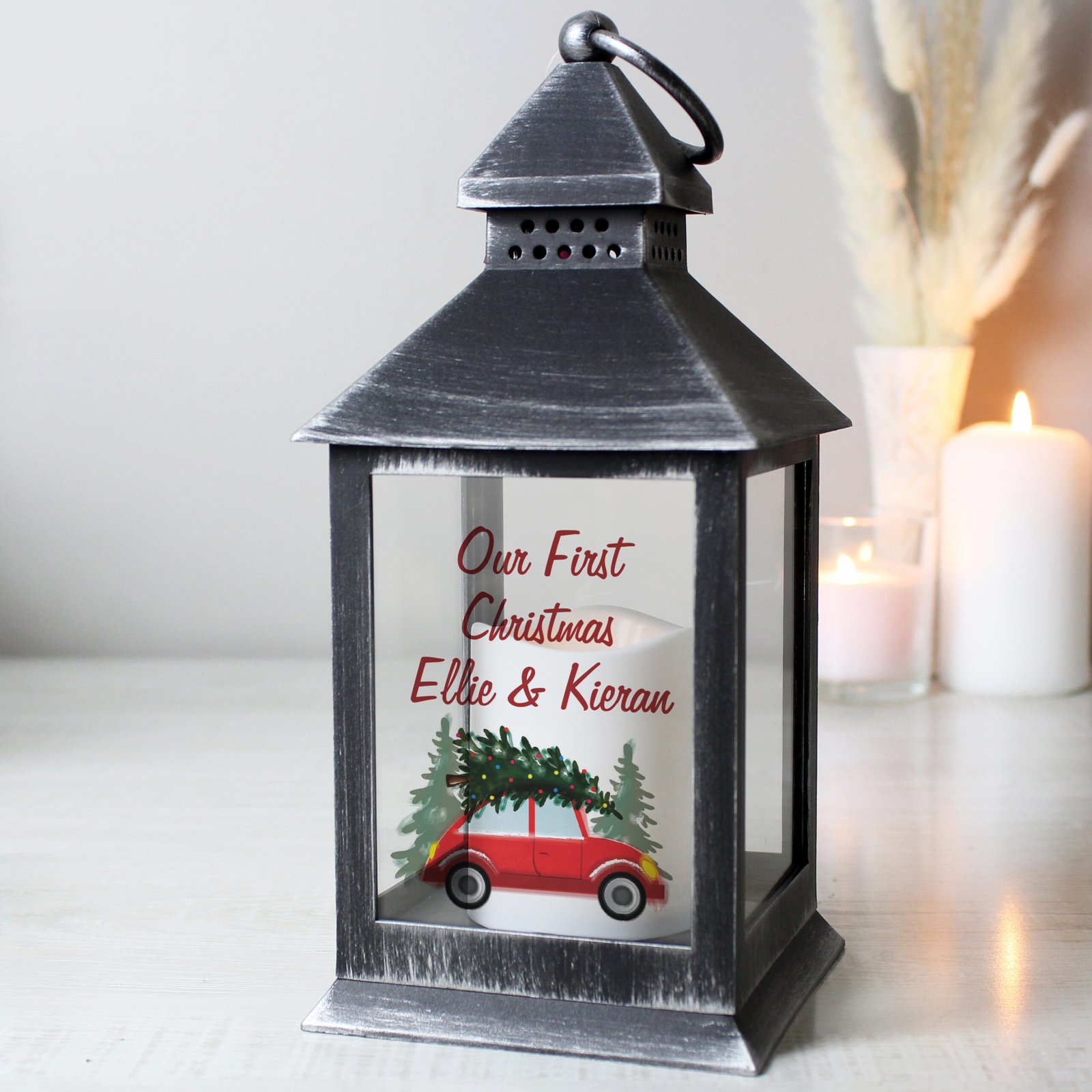 P1007C91 Personalised Driving Home For Christmas Rustic Black Plastic Light-up Lantern Personalised Driving Home For Christmas Rustic Black Plastic Light-up Lantern - Image 1
