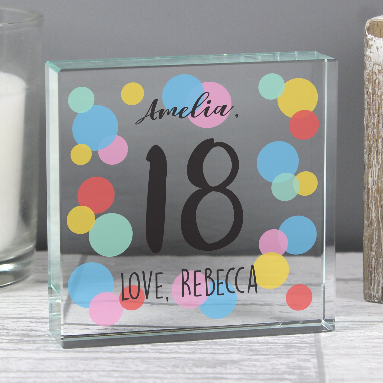 P1007C95 Personalised Birthday Colour Confetti Design Crystal Glass Token Personalised Birthday Colour Confetti Design Crystal Glass Token - Image 1