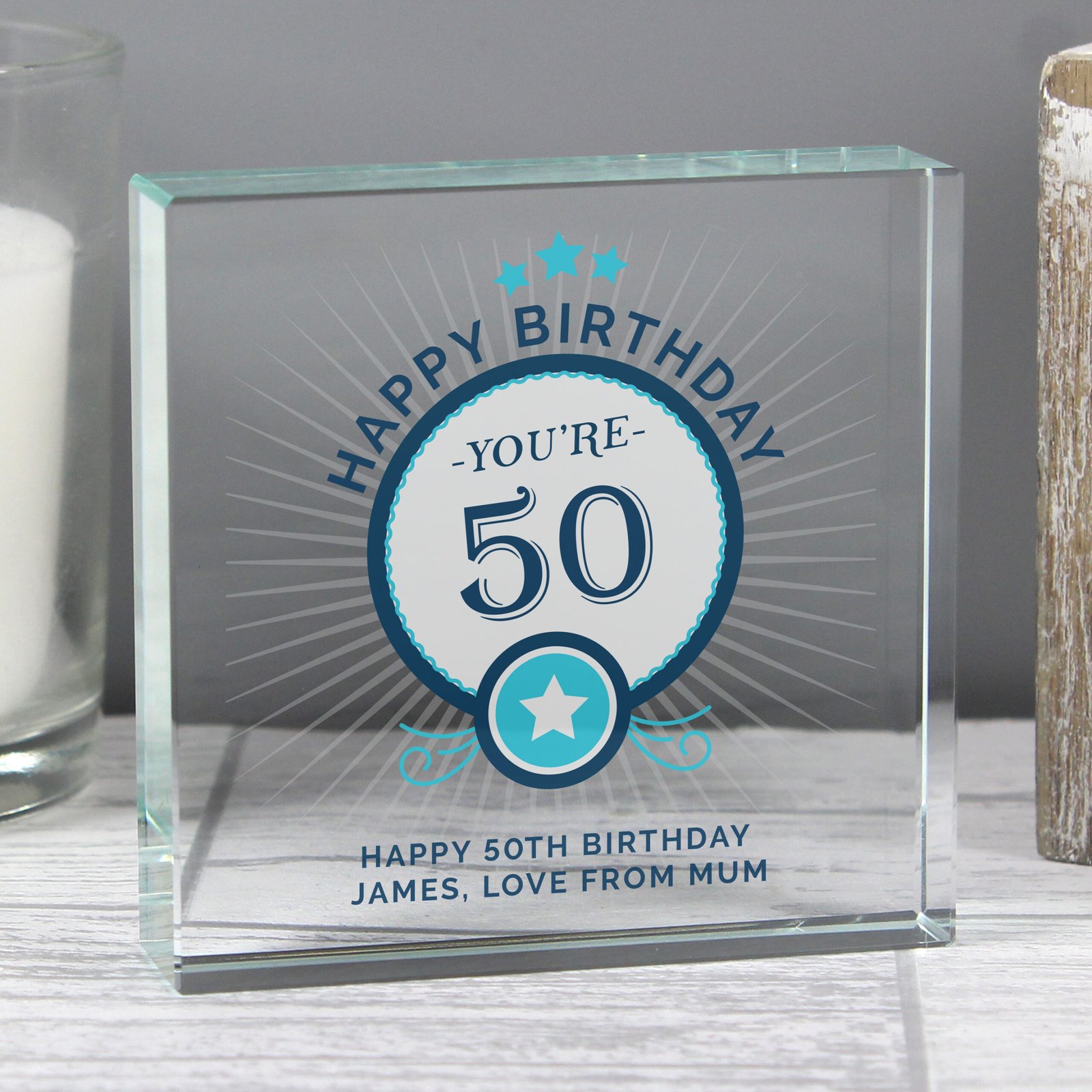 P1007C96 Personalised Blue 'Happy Birthday' Star Motif Crystal Glass Token Personalised Blue 'Happy Birthday' Star Motif Crystal Glass Token - Image 1