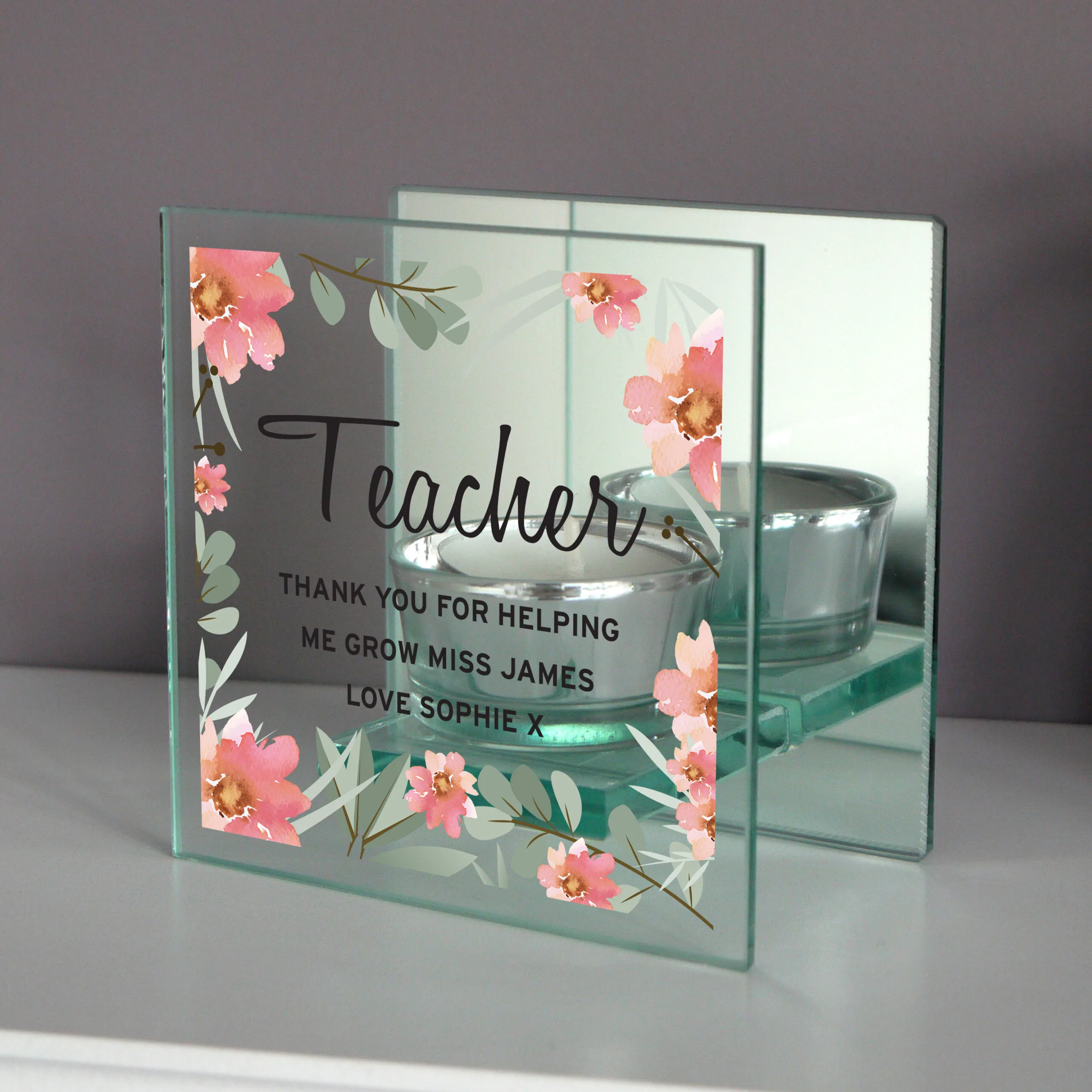 Personalised Floral Sentimental Design Mirrored Glass Tea Light Candle Holder - Image 2